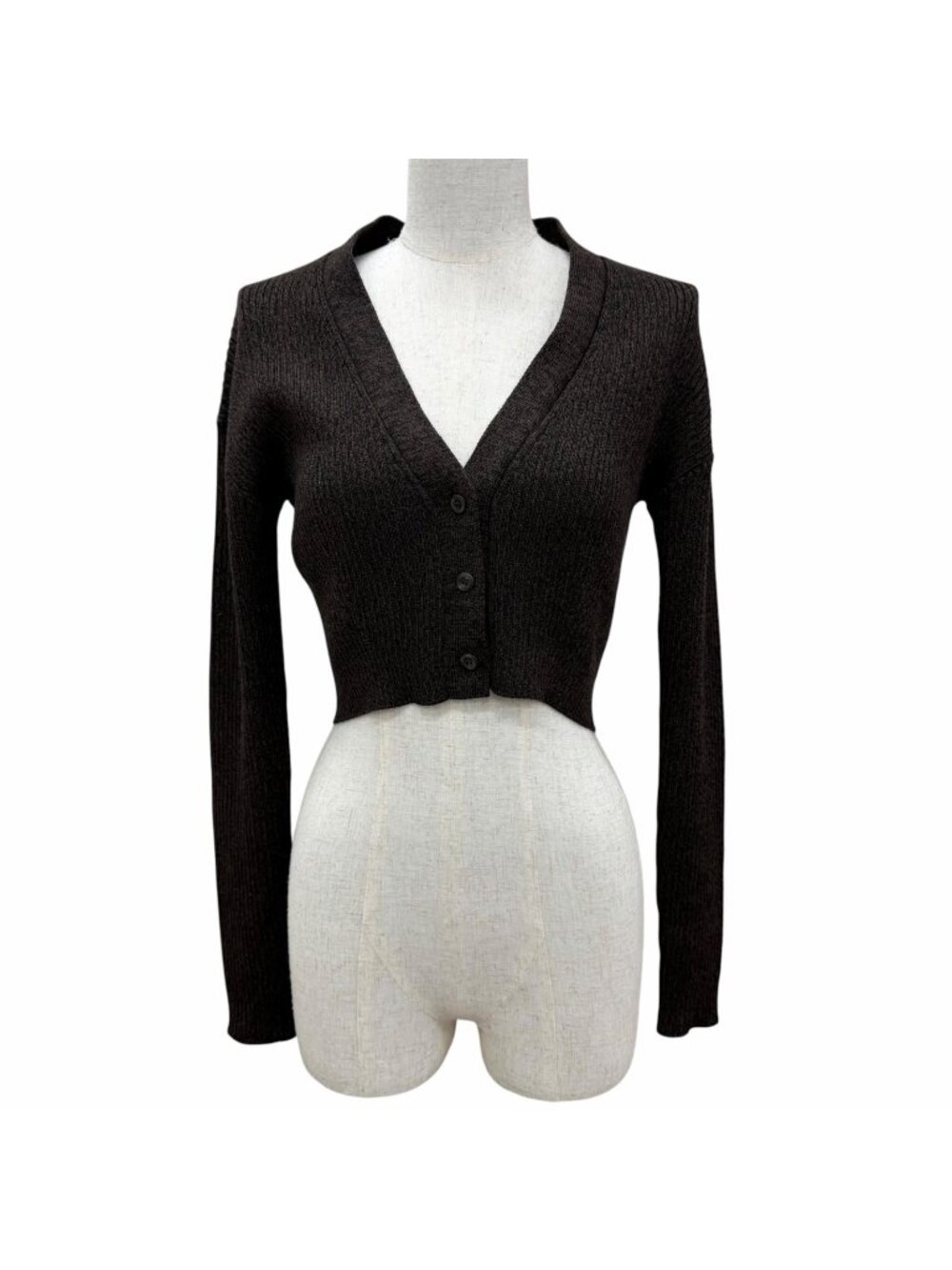 Prada Wool 100% Ribbed Cropped Length Long Sleeve Knit Cardigan Brown IT 40